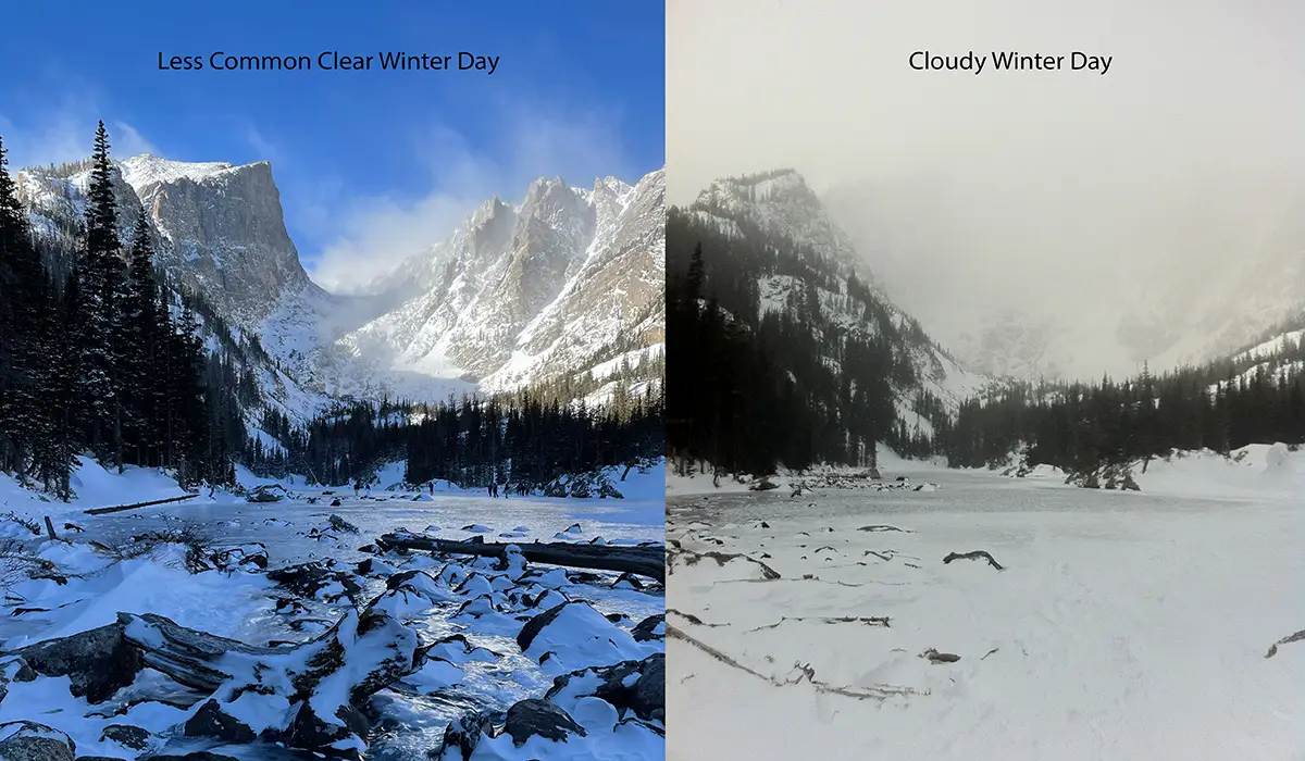 Bear Lake area snowshoeing winter weathe comparison clear winter sky and cloudy dream lake view